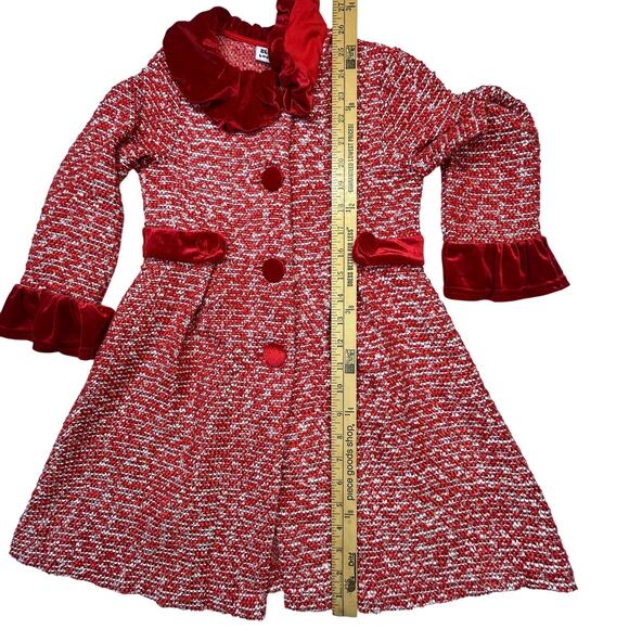 Blueberi Boulevard Tweed Coat Girl 6 Red White Silver Velour Trim Jacket Holiday - Picture 8 of 11